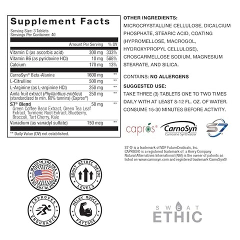 Sweat Ethic Vaso'D Vasodilator Non-Stim Performance Formula With S7 Plant Blend Carnosyn Beta-Alanine And Capros Indian Gooseberry Supports Oxygen Flow & Endurance For Men And Women 120 Capsules