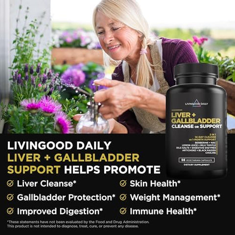 Livingood Daily Liver + Gallbladder Cleanse Or Support 2-In-1 Detox & Daily Support With Milk Thistle Nac Berberine Dandelion Root Artichoke & Digestive Enzymes Gluten Vegan 56 Capsules