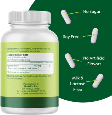 Bestvite Pycnogenol 50mg (120 Capsules) (60x2) - French Maritime Pine Bark Extract - No Stearates - Gluten - Non GMO