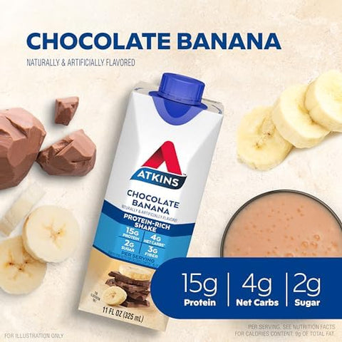 Atkins Chocolate Banana Protein Shake 15G Protein & Cafa Caramel Iced Coffee Protein Shake 15G Protein Low Glycemic 3G Net Carb 1G Sugar Keto Friendly