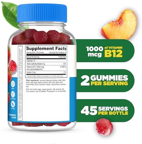 Lifeable Sugar Vitamin B12 Gummies 1000 Mcg Great Tasting B12 Vitamins Gummies Energy Mood And Metabolism Support B 12 Vitamin Gummies For Men Women Adults 90 Gummies