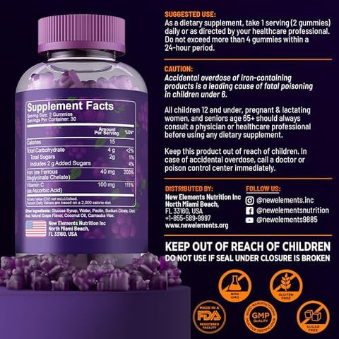 Elements Iron Gummies 40Mg With Vitamin C 100Mg Best Iron Supplement For Women Men & Adults Blood Builder For Anemia Immune Support & Energy Booster Fruit Pectin Vegan Non-Gmo