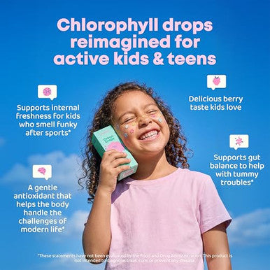 Joyspring Liquid Chlorophyll Drops For Kids | Super Greens For Kids Infused With Elderberry & Chlorophyll For Bad Breath | Sugar Free Body Deodorizing Supplement (1 Fl Oz Berry Flavor 30 Servings)