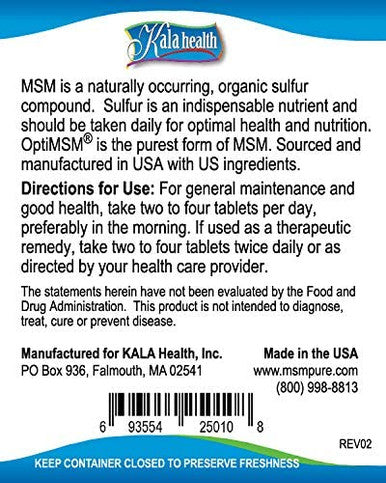 Kala Health MSMPure Tablets 120 Count 1000 mg per Tablet Pure MSM Organic Sulfur Supplement Made in USA