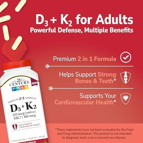 21st Century Vitamin D3 125 mcg (5000 IU) + K2 100 mcg Capsules 120 Count Bone Teeth and Heart Support NonGMO Milk Lactose Soy Wheat and Gluten Free