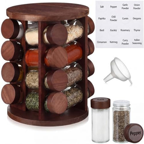 Yungyan Acacia Wood Brown Rotating Spice Rack Seasoning Organizer with 16 Empty Jars, Spice Containers Set with Labels and Funnel, Revolving Seasoning Rack for Kitchen Accessories
