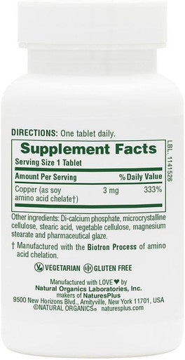 Naturesplus Copper 3 Mg - 90 Tablets - Supports Overall Wellness - Gluten - 90 Servings
