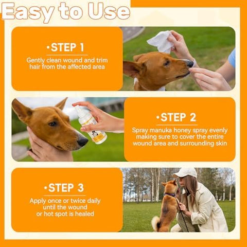Manuka Honey for Dogs, Hot Spot & Wound Care Spray, Promotes Wound Healing, Soothes Itching & Inflammation, Natural Skin Care Spray for Dog, Safe, Easy to Use, 3.38 oz Bottle
