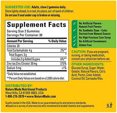 Nature Made Extra Strength Zinc Supplements 30 Mg, Dietary Supplement For Immune Health And Antioxidant Support, 60 Zinc Gummies, 30 Day Supply