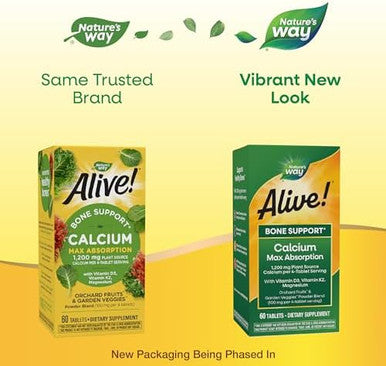 Nature'S Way Alive Calcium Max Absorption, Bone Support, Plant Source Calcium, Vitamin D3 & K2, Magnesium, 120 Tablets (Packaging May Vary)