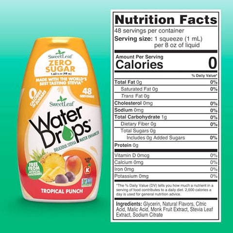 SweetLeaf Water Flavoring Drops - Stevia Water Enhancer, Sugar Free, Zero Calorie Water Additive, Contains Monk Fruit Extract, Gluten Free, Keto Friendly - Tropical Punch, 1.62 Fl Oz (Pack of 6)