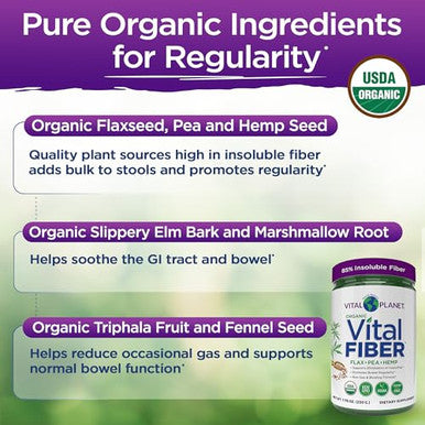 Vital Planet - Vital Fiber Powder Soluble And Insoluble Fiber Supplement With Flax Pea And Hemp Organic Daily Dietary Supplement Supports Gut Digestive Regularity 7.76 Oz