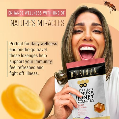 Berringa Australian Manuka Honey Lozenges, Ginger Lemon, MGO 900+, 5.3 oz, 30 count