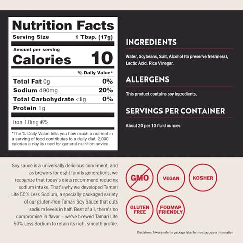San-J - Gluten Free Tamari Lite Soy Sauce with 50% Less Sodium - Made with 100% Soy - Specially Brewed - 64 oz. Container