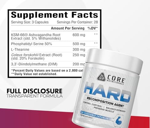 Core Nutritionals Hard Recomposition & Hardening Agent Hormone Support Cortisol Management Fat Loss With Ksm-66 Dim & L-Theanine 84 Capsules 28 Servings