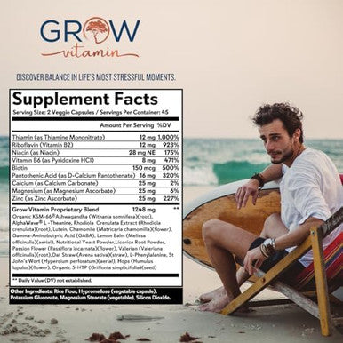 Grow Vitamin Adrenal Stress Advanced Formula, Organic Ksm-66 Ashwagandha With Alphawave L-Theanine, 5-Htp, Magnesium Blend - Everyday Stress Relief, Mood Support, Cognitive, Brain Health, 90 Capsules