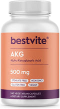 Bestvite AKG (Alpha Ketoglutaric Acid) 500mg (240 Vegetarian Capsules) - No Stearates - Vegan - Non GMO - Gluten - AKG Supplement