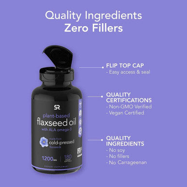 Vegan Flaxseed Oil 1200mg Herbal Supplement with PlantBased ALA Omega 3 Vegan NonGMO Project Verified Gluten Soy Carrageenan 180 Veggie softgels