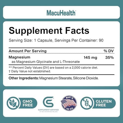 MacuHealth Magnesium Glycinate and LThreonate 145mg 90 Capsules Highly Absorbable Magnesium for Energy Calm and Focus Gentle on Stomach Vegan NonGMO Premium Chelated Magnesium Supplement