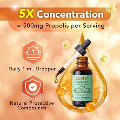 LOVITA Bee Propolis Liquid Extract 30 Day Supply 5:1 Resin Drops with 18% Bioflavonoids Alcohol Free Antioxidant Immune Support and Throat Soothing Gluten Free Non GMO