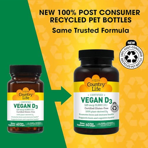 Country Life Vegan D3 5000 IU PlantDerived Vitamin D3 from Lichen Certified Vegan GlutenFree NonGMO Clean Simple Formula 60 Softgels