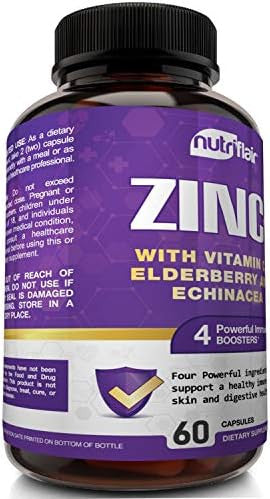 Nutriflair Zinc 50Mg - With Vitamin C, Elderberry, Echinacea Purpurea Extract, Zinc Oxide - Compare With Picolinate, Citrate, Oxide - Complete Immune Support Formula Pills With 4 Immune Defense