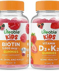 Lifeable Biotin Kids + Vitamin D3 + Vitamin K2 Kids Gummies Bundle Great Tasting Vitamin Supplement Gluten Gmo Chewable Gummy