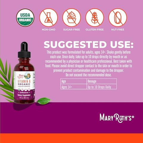 MARYRUTH'S Organics USDA Organic Vitamin A Liquid Drops 3 Month Supply Bone Health for Ages 14+ Essential Vitamin 750mcg per Serving Sugar Free Vegan NonGMO Gluten Free 1oz