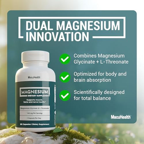 MacuHealth Magnesium Glycinate and LThreonate 145mg 90 Capsules Highly Absorbable Magnesium for Energy Calm and Focus Gentle on Stomach Vegan NonGMO Premium Chelated Magnesium Supplement