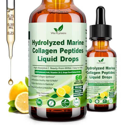 Vita Plynxera Marine Collagen Peptides Liquid Drops Hydrolyzed Multi Type I & Iii Collagen W. Vitamin C E Grape Seed Extract For Joint Skin Hair & Nail Liquid Collagen High Absorption For Women Men Wild-Caught