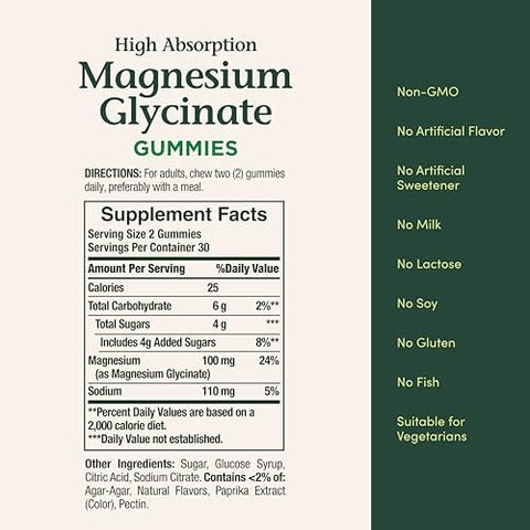Naturea A' A" S Bounty High Absorption Magnesium Glycinate Gummies 100 Mg Magnesium Per Serving Whole Body Health No Stick Gummy Peach Mango Flavor Vegetarian and Gluten 60 Count/30 Servings