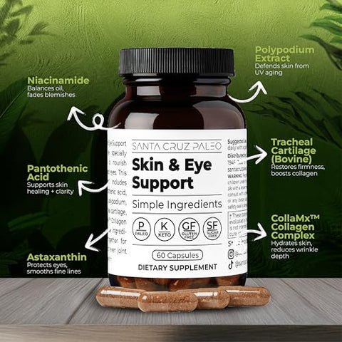 Santa Cruz Paleo Skin & Eye Capsules Simple Daily Formula For Skin Appearance & Eye Routine Clean Ingredients Gluten Free Keto & Paleo Friendly 60 Capsules