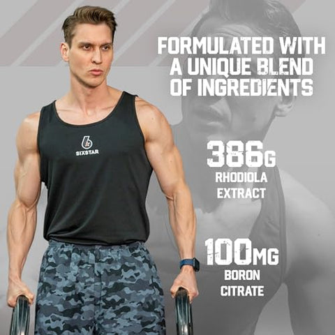 Six Star Nutrition Testosterone Booster For Men With Rhodiola Extract And Boron Citrate - Male Gym Workout Supplements For Muscle Growth Stamina & Energy - 60 Pills