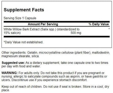 Swanson White Willow Bark Extract - Promotes Joint Support and Muscle Relief - Standardized to 15% Salicin - Natural Supplement with No Stomach Irritation - (120 Capsules 500mg Each)
