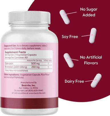 Bestvite Quercetin with Bromelain 500mg/250mg (120 Vegetarian Capsules) - No Stearates - No Silicon Dioxide - Vegan - Non GMO - Gluten
