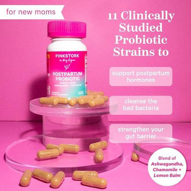 Pink Stork Probiotics For Postnatal Women 30 Billion Cfus With Ashwagandha And Chamomile Postpartum Essentials For Hormone Balance Mood Support Gut Health Digestive Wellness 30 Capsules