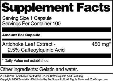 Terravita Artichoke Leaf Extract - 2.5% Caffeoylquinic Acid - 450 Mg (100 Capsules, Zin: 516208)