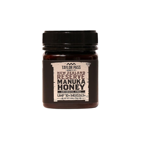 Taylor Pass Honey Co Reserve Manuka Honey UMF 10+ MGO 263+ 8.83oz | NON GMO | Monofloral New Zealand manuka honey. UMF 10+, MGO 263+, Non-GMO, BPA-Free jar.