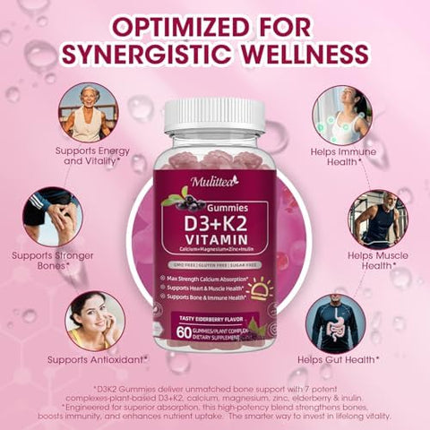 Vitamin D3 10000 IU + K2 (MK7) 200mcg w/Calcium Magnesium Zinc Elderberry and InulinHighly BioavailableEnhanced Absorption for Immune and Bone Support K2 D3 Vitamin SupplementVegan Gummies