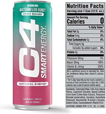 C4 Smart Energy Drink - Sugar Free Performance Fuel & Nootropic Brain Booster, Coffee Substitute or Alternative | Watermelon Burst 12 Oz - 12 Pack