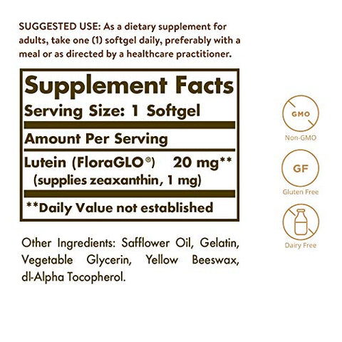 Solgar Lutein 20 Mg 60 Softgels - Supports Eye Health - Helps Filter Out Blue-Light - Contains Floraglo Lutein - Non-Gmo Gluten Free Dairy Free 60 Servings