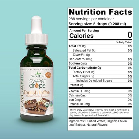 SweetLeaf Organic Sweet Drops Flavored Stevia Liquid Sweetener Stevia Extract Zero Calories Gluten Free Keto Friendly Non GMO Natural Flavor English Toffee 2 Fl Oz (Pack of 1)
