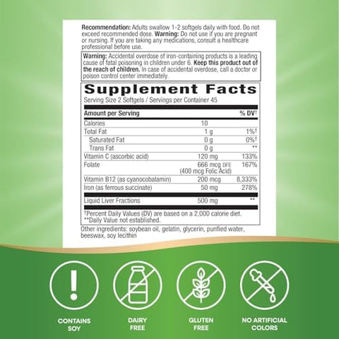 Naturea A' A" S Way Ultimate Iron Healthy Red Blood Cells 50 Mg Per Serving GlutenFree 90 Softgels