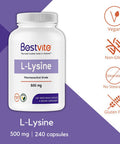 L-Lysine 500mg per Capsule (240 Vegetarian Capsules) - No Stearates - No Fillers - No Flow Agents - Vegan - Non GMO - Gluten Free - No Stearic Acid - No Dicalcium Phosphate