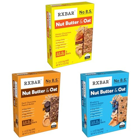RXBAR Nut Butter and Oat Protein Bars, Protein Snack, Snack Bars, Variety Pack (3 Boxes, 15 Bars)