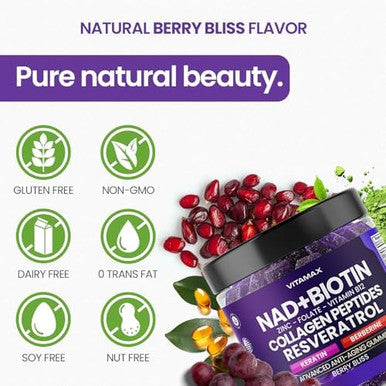 Nad+, Resveratrol, Berberine, & Biotin Anti-Aging Gummy - Hair, Skin, Nails & Joint Supplement - Collagen Peptides, Keratin, Zinc, Vitamin K2 & D3 Gummies - Regeneration - Vegan - Made In Usa 60 Count