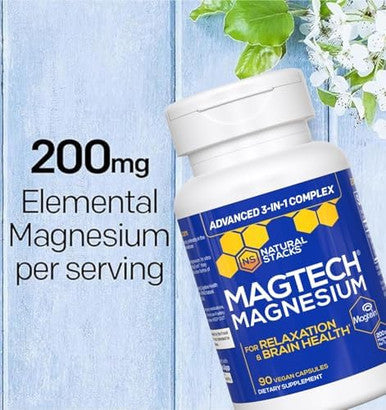 NATURAL STACKS MagTech Magnesium Complex for Women & Men - 3 Forms of Magnesium: Glycinate Magtein L-Threonate & Taurate - 200mg Chelated Complex - Support for Relaxation & Brain Health