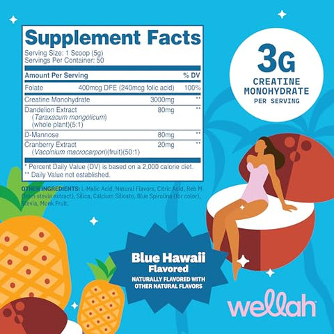 Wellah Creatine For Women (50 Servings) Blue Hawaii - 3G Of Creatine Monohydrate Powder With Dandelion & Cranberry Extract