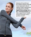 Irwin Naturals High Potency Mega D3 & K2 + Turmeric Extract for Healthy Bones Immune Function & Positive Mood - Advanced Absorption with Magnesium Turmeric Bamboo & Omega Oil - 60 Liquid Softgels