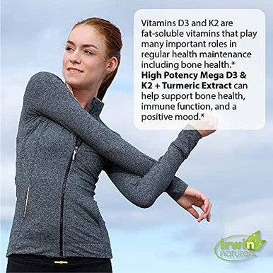Irwin Naturals High Potency Mega D3 & K2 + Turmeric Extract for Healthy Bones Immune Function & Positive Mood - Advanced Absorption with Magnesium Turmeric Bamboo & Omega Oil - 60 Liquid Softgels